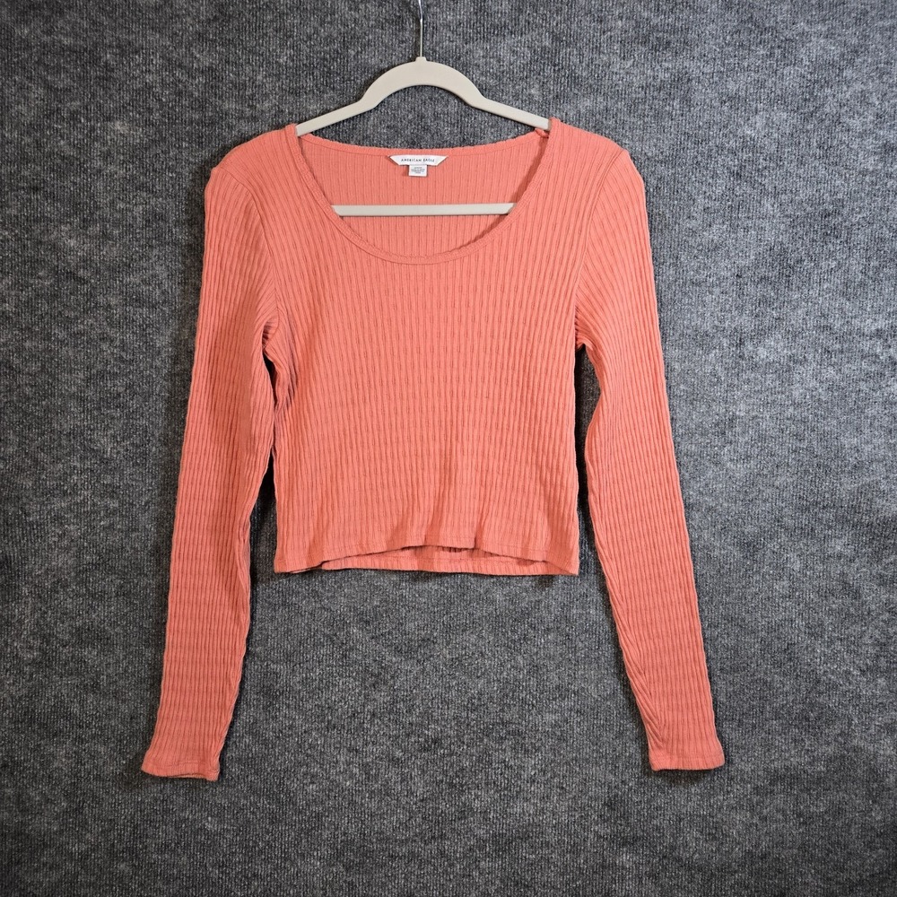 American Eagle T Shirt Womens M Coral Orange Rib Knit Cropped Scoop Neck
